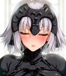  1girl bangs black_dress blurry blurry_background blush chains closed_eyes closed_mouth commentary_request depth_of_field dress eyebrows_visible_through_hair facing_viewer fate/apocrypha fate/grand_order fate_(series) hair_between_eyes headpiece heart heavy_breathing incoming_kiss jeanne_d&#039;arc_(alter)_(fate) jeanne_d&#039;arc_(fate)_(all) kojima_saya lips nose_blush short_hair signature silver_hair solo translation_request 