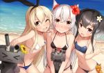  3girls :d ;d adapted_costume amatsukaze_(kantai_collection) beach bikini black_bikini black_hair blush breasts brown_eyes closed_mouth collarbone cowboy_shot eyebrows_visible_through_hair fang flat_chest flower girl_sandwich hair_flower hair_ornament hair_ribbon hairband halterneck hand_on_another&#039;s_shoulder hat hibiscus highleg highleg_bikini kantai_collection long_hair looking_at_viewer mini_hat multi-strapped_bikini multiple_girls navel one_eye_closed open_mouth outdoors outstretched_hand rensouhou-chan rensouhou-kun ribbon sandwiched shimakaze_(kantai_collection) short_hair_with_long_locks side-tie_bikini small_breasts smile sweat swimsuit takanashi_kei_(hitsujikan) tokitsukaze_(kantai_collection) violet_eyes 