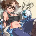  1girl bongfill breasts brown_eyes brown_hair collarbone dated eyebrows_visible_through_hair glasses large_breasts looking_at_viewer mei_(overwatch) mole mole_under_mouth navel open_mouth overwatch short_hair sitting solo sweat 