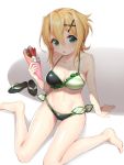  1girl akatsuki_kirika bare_shoulders bikini blonde_hair blush breasts cleavage collarbone eyebrows_visible_through_hair food frilled_bikini frills full_body green_eyes hair_between_eyes hair_ornament hattori_masaki holding holding_food large_breasts looking_at_viewer multicolored multicolored_bikini multicolored_clothes navel open_mouth sandals senki_zesshou_symphogear shiny shiny_hair shiny_skin short_hair side-tie_bikini simple_background sitting solo striped sweat swimsuit wariza white_background x_hair_ornament 