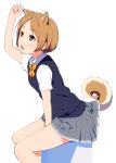  1girl :o animal_ears between_legs blue_vest blush bow bowtie brown_eyes brown_hair collared_shirt commentary_request curled_tail dog_ears dog_tail eyebrows_visible_through_hair from_side grey_skirt hand_between_legs hand_up hi_iro highres looking_up original pleated_skirt school_uniform shirt short_sleeves simple_background skirt solo tail tail_lift vest white_background white_shirt wing_collar yellow_neckwear 