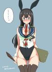  ... 1girl adapted_costume animal_ears black_hair black_leotard blue_background blue_sailor_collar brown_legwear bunnysuit clipboard commentary_request cowboy_shot dated glasses gluteal_fold green_eyes kantai_collection kikunosukemaru leotard long_hair ooyodo_(kantai_collection) quill rabbit_ears red_neckwear sailor_collar semi-rimless_eyewear smile solo spoken_ellipsis thigh-highs thigh_gap twitter_username under-rim_eyewear 