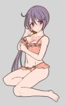  &gt;:( 1girl ahoge akebono_(kantai_collection) alternate_breast_size bangs bare_arms bare_legs bare_shoulders barefoot bell blush breast_hold breasts closed_mouth collarbone eyebrows_visible_through_hair frills grey_background hair_bell hair_ornament hand_in_hair jingle_bell kantai_collection large_breasts long_hair looking_at_viewer purple_hair side_ponytail simple_background solo very_long_hair yuki_to_hana 
