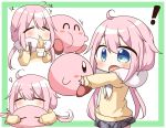  ! 1girl :o ^_^ absurdres bangs blue_eyes blush blush_stickers cardigan chopsticks closed_eyes commentary_request eyebrows_visible_through_hair grey_skirt hair_between_eyes highres holding holding_chopsticks hug jako_(jakoo21) kagamihara_nadeshiko kirby kirby_(series) long_hair long_sleeves low_twintails open_mouth pink_hair plaid plaid_skirt pleated_skirt ramen scarf sidelocks skirt sleeping sleeves_past_wrists twintails very_long_hair white_scarf yurucamp 