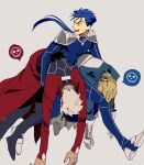  1girl 2boys archer artoria_pendragon_(all) blonde_hair blue_hair carrying_under_arm commentary_request dark_skin dark_skinned_male fang fate/stay_night fate_(series) gauntlets hair_bun hirarego lancer long_sleeves looking_back multiple_boys open_mouth ponytail red_eyes saber short_hair spoken_skull sweat tan_background white_hair 