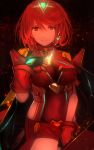  1girl blush breasts earrings fingerless_gloves gloves hair_ornament highres pyra_(xenoblade) jewelry looking_at_viewer red_eyes redhead short_hair shorts sidelocks simple_background smile solo tarbo_(exxxpiation) tiara xenoblade xenoblade_2 