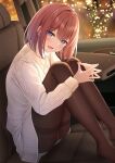  1girl ass black_legwear blue_eyes car car_interior earrings fingers_together ground_vehicle highres jewelry knees_up looking_at_viewer monaka_curl motor_vehicle original pantyhose redhead short_hair sitting smile smirk solo sweater 