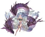  1girl bare_shoulders barefoot blue_eyes breasts cleavage collarbone dragon full_body granblue_fantasy long_hair looking_at_viewer looking_away medium_breasts midriff minaba_hideo navel official_art open_mouth outstretched_hand pointy_ears serious shorts strapless tiamat_(granblue_fantasy) transparent_background tubetop violet_eyes 