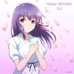  1girl bangs blurry blurry_foreground blush closed_mouth commentary_request depth_of_field dress eyebrows_visible_through_hair fate/stay_night fate_(series) hair_between_eyes hair_ribbon happy_birthday highres kamishiro_(rsg10679) matou_sakura own_hands_together petals pink_ribbon puffy_short_sleeves puffy_sleeves purple_hair ribbon short_sleeves smile solo twitter_username type-moon upper_body violet_eyes white_dress 