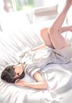  1girl bangs black_hair blush brown_eyes closed_mouth couch day indoors legs looking_at_viewer lying miniskirt on_back on_couch original reinama shirt short_hair short_sleeves skirt smile solo thighs white_skirt 