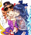  2girls aura blue_bow blue_hair blue_skirt blush bow commentary_request cowboy_shot crying debt disgust dress drill_hair earrings eyebrows_visible_through_hair eyelashes eyewear_on_head feet_out_of_frame grey_jacket hair_bow hair_ribbon hat hat_bow hug jacket jewelry long_hair manarou multiple_girls orange_bow orange_eyes orange_hair pendant red_bow red_ribbon resisting ribbon ring siblings sisters skirt sunglasses sweat tears top_hat touhou white_background white_dress yorigami_jo&#039;on yorigami_shion 