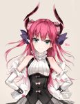 &gt;:) 1girl bangs bare_shoulders blue_eyes blush bow closed_mouth corset curled_horns detached_sleeves elizabeth_bathory_(fate) elizabeth_bathory_(fate)_(all) eyebrows_visible_through_hair fate/grand_order fate_(series) frills grey_background grey_skirt hair_ribbon hands_on_hips horns long_hair long_sleeves looking_at_viewer naru_(ul) neck_garter pink_bow pink_hair plaid plaid_skirt pointy_ears purple_ribbon ribbon shiny shiny_hair simple_background skirt smile solo star straight_hair tsurime upper_body v-shaped_eyebrows very_long_hair 