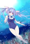  1girl ajino_(sakanahen) blue_hair blue_swimsuit breasts coral freediving full_body hair_ribbon highres i-19_(kantai_collection) kantai_collection large_breasts long_hair looking_at_viewer name_tag red_eyes ribbon school_swimsuit solo swimsuit thigh_gap tri_tails underwater undressing 