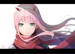  1girl bangs blunt_bangs closed_mouth darling_in_the_franxx expressionless eyebrows_visible_through_hair eyeshadow face floating_hair hairband highres horns hoshizaki_reita letterboxed long_hair looking_at_viewer makeup red_scarf scarf shiny shiny_hair signature simple_background solo straight_hair tsurime upper_body white_background white_hairband wind zero_two_(darling_in_the_franxx) 