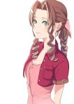  1girl aerith_gainsborough arms_behind_back blue_eyes braid breasts brown_hair cleavage drill_hair final_fantasy final_fantasy_vii hair_ribbon highres long_hair looking_at_viewer pink_ribbon pink_shirt ponytail ribbon shirt short_sleeves simple_background small_breasts smile solo toto twin_drills upper_body white_background 
