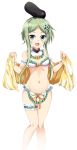  1girl adapted_costume arm_garter bandeau bare_arms bare_legs bare_shoulders blush bow breasts commentary_request detached_collar feet_out_of_frame frilled_shirt_collar frills green_eyes green_hair groin hair_bobbles hair_ornament hat highres holding leg_garter looking_at_viewer maturiuta_sorato midriff navel open_mouth ribbon shawl short_hair short_hair_with_long_locks simple_background small_breasts smile solo standing teireida_mai touhou white_background wrist_cuffs yellow_bow yellow_ribbon 