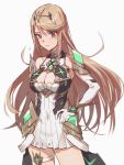  1girl armor blonde_hair blush breasts cleavage dress gloves highres mythra_(xenoblade) large_breasts long_hair looking_at_viewer solo tugo white_background xenoblade xenoblade_2 yellow_eyes 