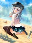  1girl arched_back bangs black_legwear closed_mouth clouds cloudy_sky eyebrows_visible_through_hair flat_cap from_behind full_body hair_between_eyes hat hibiki_(kantai_collection) highres kantai_collection kisina loafers long_hair long_sleeves looking_at_viewer looking_back messy_hair neckerchief panties pantyshot pleated_skirt sailor_collar sand school_uniform serafuku shoes shovel sitting skirt sky solo thigh-highs toy underwear violet_eyes wariza water white_hair white_panties worktool zettai_ryouiki 