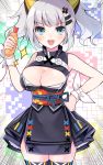  1girl :d blue_eyes blush breasts cleavage cleavage_cutout commentary_request food hair_ornament hand_on_hip highres holding holding_food kaguya_luna kaguya_luna_(character) looking_at_viewer medium_breasts obi open_mouth sash shiratoriko short_hair silver_hair smile solo thigh-highs twintails 