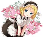  1girl animal_ears apron black_skirt blonde_hair blue_eyes center_frills collared_shirt eyebrows_visible_through_hair fake_animal_ears fleur_de_lapin_uniform floral_background flower frilled_cuffs frilled_hairband frilled_skirt frills gochuumon_wa_usagi_desu_ka? holding kirima_sharo kohakugin leaf leaning_forward looking_at_viewer pink_flower rabbit_ears shiny shiny_hair shirt short_hair short_sleeves skirt solo suspender_skirt suspenders tareme waist_apron waitress white_apron white_shirt wing_collar wrist_cuffs 