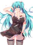  1girl alternate_costume aqua_hair arm_up armpits bangs bare_arms bare_shoulders black_dress black_legwear blue_eyes blush breast_tattoo breasts cleavage collarbone dress dress_lift eyebrows_visible_through_hair feathers frilled_dress frills gluteal_fold hair_ribbon hand_in_hair hatsune_miku lifted_by_self long_hair looking_at_viewer medium_breasts muko_(kokia38) own_hands_together panties parted_lips red_ribbon ribbon simple_background sleeveless sleeveless_dress smile solo standing strap_slip tattoo thigh-highs twintails underwear upskirt very_long_hair vocaloid white_background white_panties 