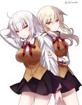  2girls :o ahoge alternate_costume arm_up artoria_pendragon_(all) bangs black_skirt brown_vest closed_mouth commentary_request cowboy_shot eyebrows_visible_through_hair fate/apocrypha fate/grand_order fate/kaleid_liner_prisma_illya fate/stay_night fate_(series) hair_between_eyes hand_behind_head homurahara_academy_uniform ichiyou_moka jeanne_d&#039;arc_(alter)_(fate) jeanne_d&#039;arc_(fate)_(all) light_brown_hair long_hair long_sleeves low_ponytail multiple_girls parted_lips ponytail saber_alter school_uniform shirt short_hair sidelocks silver_hair simple_background skirt twitter_username v-shaped_eyebrows vest white_background white_shirt yellow_eyes 