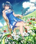  1girl bangs bare_legs blue_dress blue_eyes blue_hair blue_sky breasts chair cleavage cleavage_cutout closed_mouth clouds day dress dutch_angle eyebrows_visible_through_hair field flower flower_field frilled_dress frills grass hair_flower hair_ornament hand_up hatsune_miku head_tilt knees_together_feet_apart lips long_hair looking_at_viewer medium_breasts muko_(kokia38) on_chair outdoors pink_flower red_flower red_rose rose shiny shiny_hair sky sleeveless sleeveless_dress smile solo twintails vocaloid white_flower white_rose 