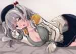  1girl beret black_hat blue_eyes blue_skirt blush breasts cleavage collarbone collared_shirt epaulettes frilled_sleeves frills gin&#039;ichi_(akacia) gloves grey_shirt hat jacket kantai_collection kashima_(kantai_collection) large_breasts long_hair long_sleeves looking_at_viewer lying on_bed on_side open_clothes open_jacket open_mouth open_shirt pleated_skirt shirt silver_hair skirt solo twintails uniform white_gloves white_jacket 