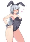  1girl animal_ears bangs bare_shoulders black_leotard blunt_bangs blush breasts brown_eyes bunnysuit cleavage covered_navel fake_animal_ears hair_ribbon hands headgear heart heart-shaped_pupils highres jito_mesuki_nitouhei kantai_collection leotard lips long_hair looking_at_viewer medium_breasts murakumo_(kantai_collection) no_legwear open_mouth rabbit_ears remodel_(kantai_collection) ribbon round_teeth sidelocks silver_hair simple_background solo standing strapless strapless_leotard symbol-shaped_pupils teeth thighs tress_ribbon white_background wide_hips wrist_cuffs 