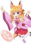  1girl :3 :d animal_ears arms_up bare_shoulders bell black_footwear blonde_hair blue_eyes blush bow commentary_request detached_sleeves fangs fingernails fox_ears fox_girl fox_tail hair_bell hair_ornament hair_ribbon highres jingle_bell kemomimi_vr_channel long_hair long_sleeves looking_at_viewer mikoko_(kemomimi_vr_channel) mizuhotsuki navel open_mouth pink_bow pleated_skirt red_ribbon red_skirt ribbon sidelocks skirt smile solo standing standing_on_one_leg tail thigh-highs twintails white_legwear wide_sleeves zouri 