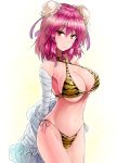  1girl bandage bandaged_arm bare_shoulders bikini breasts commentary_request cowboy_shot criss-cross_halter double_bun gradient gradient_background halterneck ibaraki_kasen large_breasts looking_at_viewer medium_hair midriff navel pink_eyes pink_hair side-tie_bikini solo standing swimsuit tiger_stripes touhou white_background y2 yellow_background 