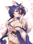  1girl animal_ears azur_lane bangs bare_shoulders blush bow bowtie breasts cat_ears cleavage cleavage_cutout closed_fan closed_mouth cowboy_shot detached_sleeves fan folding_fan hair_ribbon head_tilt highres holding holding_fan jintsuu_(azur_lane) large_breasts lips long_hair long_sleeves looking_at_viewer miniskirt obi petals pleated_skirt ponytail purple_bow purple_neckwear red_ribbon ribbon sash sendrawz shawl shiny shiny_hair simple_background skirt smile solo standing swept_bangs twitter_username upper_body white_background white_skirt wide_sleeves 