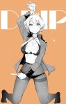  1girl bra breasts darjeeling girls_und_panzer greyscale highres lingerie lowleg lowleg_panties monochrome muteki_souda open_clothes open_shirt orange_background panties pouring tea thigh-highs underwear 