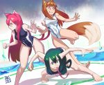  3girls :&gt; animal_ears asui_tsuyu blazblue blue_swimsuit boku_no_hero_academia breasts brown_eyes brown_hair cat_ears cat_tail competition_swimsuit ddrake13 frog_girl glasses green_eyes green_hair highres holo keijo!!!!!!!! kokonoe long_hair long_tongue low-tied_long_hair medium_breasts multiple_girls nekomata one-piece_swimsuit pink_hair pool small_breasts smile spice_and_wolf swimsuit tail tongue very_long_tongue white_swimsuit wolf_ears wolf_tail yellow_eyes 