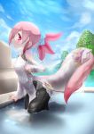  1girl axolotl clo53837533 head_fins highres looking_at_viewer monster_girl original pink_hair smile solo tail webbed_hands wet wet_clothes 