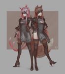  2girls animal_ears black_dress blazblue blindfold boots breasts brown_hair cat_ears cat_tail cleavage_cutout cosplay ddrake13 dress feather-trimmed_sleeves hand_on_hip high_heel_boots high_heels highres holo kokonoe medium_breasts multiple_girls nekomata nier_(series) nier_automata pink_hair smile spice_and_wolf tail thigh-highs thigh_boots thighhighs_under_boots v wolf_ears wolf_tail yorha_no._2_type_b yorha_no._2_type_b_(cosplay) 