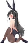 1girl animal_ears black-framed_eyewear black_footwear black_hair black_leotard blush brown_legwear bunny_tail closed_eyes commentary_request fake_animal_ears glasses high_heels highres kantai_collection leotard long_hair mtu_(orewamuzituda) ooyodo_(kantai_collection) open_mouth pantyhose rabbit_ears simple_background solo tail tears white_background 