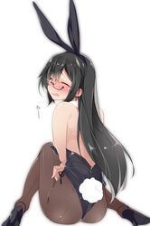  1girl animal_ears black-framed_eyewear black_footwear black_hair black_leotard blush brown_legwear bunny_tail closed_eyes commentary_request fake_animal_ears glasses high_heels highres kantai_collection leotard long_hair mtu_(orewamuzituda) ooyodo_(kantai_collection) open_mouth pantyhose rabbit_ears simple_background solo tail tears white_background 