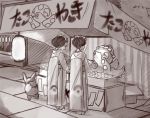  2girls box drawfag eevee food geta greyscale kimono_girl_(pokemon) lantern monochrome multiple_girls octillery paper_lantern pokeball_symbol pokemon pokemon_(creature) short_hair stall takoyaki 