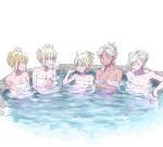  5girls artoria_pendragon_(all) blush breasts character_request cleavage fate_(series) highres medium_breasts multiple_girls naked_towel nipi27 nude onsen partially_submerged saber_alter sketch towel wet white_background 