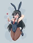  1girl ;d alternate_costume animal_ears armpits bare_shoulders black_hair blue_background blue_eyes blush bow bowtie breasts bunny_girl bunnysuit detached_collar eyebrows_visible_through_hair full_body glasses heart highres kantai_collection long_hair looking_at_viewer necktie one_eye_closed ooyodo_(kantai_collection) open_mouth pantyhose rabbit_ears red_neckwear semi-rimless_eyewear simple_background small_breasts smile solo v wrist_cuffs yuuki_shishin 