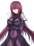  1girl armor blush bodysuit breasts commentary_request covered_navel cowboy_shot crossed_arms eyebrows_visible_through_hair fate/grand_order fate_(series) hair_between_eyes highres large_breasts looking_at_viewer piro_(iiiiiiiiii) purple_hair red_eyes scathach_(fate/grand_order) shoulder_armor simple_background smile solo standing white_background 