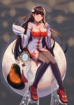 1girl 5555_96 azur_lane bangs bare_shoulders black_legwear blunt_bangs blurry blurry_background bowl breasts china_dress chinese_clothes chopsticks cleavage cleavage_cutout detached_sleeves dress flower food full_body grey_dress hair_flower hair_ornament hair_ribbon highres holding holding_bowl large_breasts long_hair long_sleeves looking_at_viewer mochi pantyhose parted_lips pelvic_curtain print_legwear red_eyes red_footwear red_ribbon ribbon shoes sitting smile solo spilling straight_hair tassel thighband_pantyhose very_long_hair wagashi wide_sleeves yat_sen_(azur_lane) 