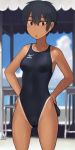  1girl androgynous black_eyes black_hair black_swimsuit chestnut_mouth competition_swimsuit cowboy_shot dark_skin hands_on_hips lvi mizuno one-piece_swimsuit one-piece_tan original short_hair solo standing swimsuit tan tanline 