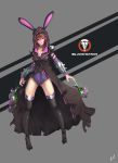  1girl absurdres animal_ears black_legwear bracer breasts brown_hair bubble_blowing chewing_gum cleavage collarbone d.va_(overwatch) facepaint facial_mark full_body fusion glowing glowing_eye grey_background gun highres hooded_coat leotard long_hair looking_at_another medium_breasts mute_(c20029) overwatch pauldrons purple_leotard rabbit_ears reaper_(overwatch) red_eyes signature simple_background solo standing thigh-highs torn_coat trench_coat weapon whisker_markings 