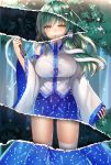  1girl :o ahoge arm_at_side bangs blonde_hair blue_skirt blush breasts butterfly collared_vest detached_sleeves eyebrows_visible_through_hair forest frog_hair_ornament green_hair hair_ornament hair_tubes half-closed_eyes highres holding kochiya_sanae large_breasts legs_apart light light_beam long_hair long_skirt long_sleeves looking_at_viewer multicolored_hair nature nose_blush open_mouth print_skirt red_eyes revealing_cutout shiny shiny_hair single_sidelock skirt sleeves_past_wrists snake solo sweatdrop thigh-highs thighs touhou tree tsukiriran two-tone_hair vest white_legwear white_vest wide_sleeves yellow_eyes 