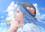  1girl black_hat blue_hair blue_sky closed_mouth clouds cloudy_sky commentary_request face floating_island food from_side fruit hat highres hinanawi_tenshi leaf long_hair nagi_(xx001122) peach profile red_eyes shirt short_sleeves sky solo touhou white_shirt wind 