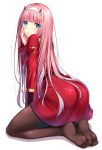  1girl ass bangs between_legs blue_eyes blunt_bangs blush brown_legwear closed_mouth darling_in_the_franxx dress eyebrows_visible_through_hair feet full_body hairband hand_between_legs hand_on_own_cheek horns kneeling leaning_forward long_hair no_shoes pantyhose pink_hair red_dress shiny shiny_clothes simple_background soles solo toes very_long_hair white_background white_hairband yoruda zero_two_(darling_in_the_franxx) 