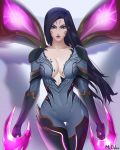  1girl black_hair breasts cleavage closed_mouth cowboy_shot dual_wielding facial_mark gloves highres kai&#039;sa large_breasts league_of_legends lips long_hair looking_at_viewer mcdobo solo standing sword violet_eyes weapon 