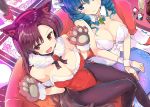  2girls :d alternate_costume animal_ears bare_arms bare_shoulders black_legwear blue_eyes breasts brooch brown_hair bunnysuit cleavage commentary couch cup detached_collar drill_hair drinking_glass dutch_angle eyebrows_visible_through_hair fang fur_collar fur_trim gloves hairband hanafuda head_fins high_heels imaizumi_kagerou jewelry large_breasts long_hair looking_at_viewer mermaid monster_girl multiple_girls open_mouth pantyhose paw_gloves paws puuakachan red_eyes red_footwear red_hairband short_hair sitting smile tail touhou twin_drills wakasagihime wolf_ears wolf_tail wrist_cuffs 